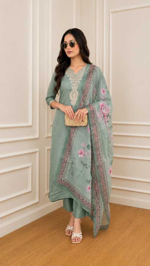 omen's Rayon Embroidered Straight Kurta with Pant and Dupatta Set
